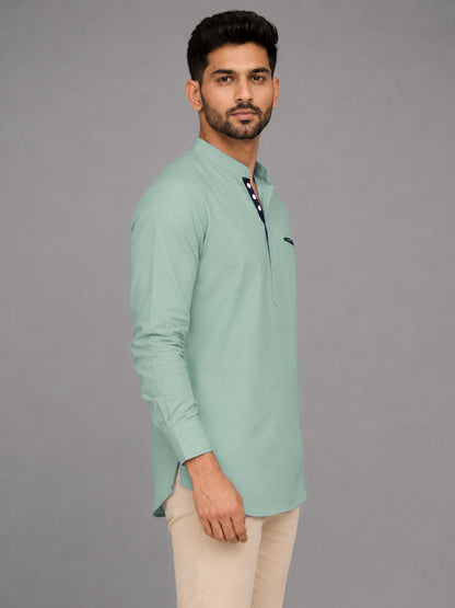Urban Fit Sea Green Short Linen Kurta For Men
