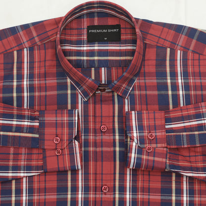 Crimson Red Check Paper Cotton Shirt For Men