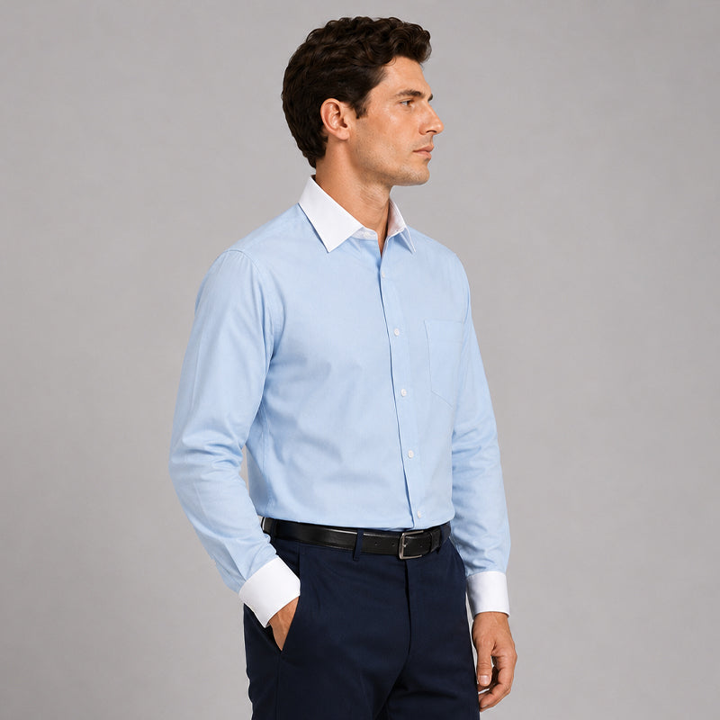 White Collar Sky Blue Oxford Cotton Shirt For Men