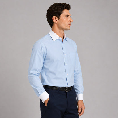 White Collar Sky Blue Oxford Cotton Shirt For Men