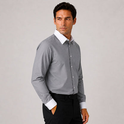 White Collar Dark Grey Oxford Cotton Shirt For Men