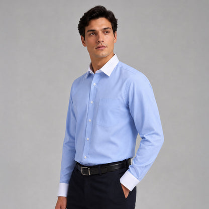 White Collar Denim Blue Oxford Cotton Shirt For Men