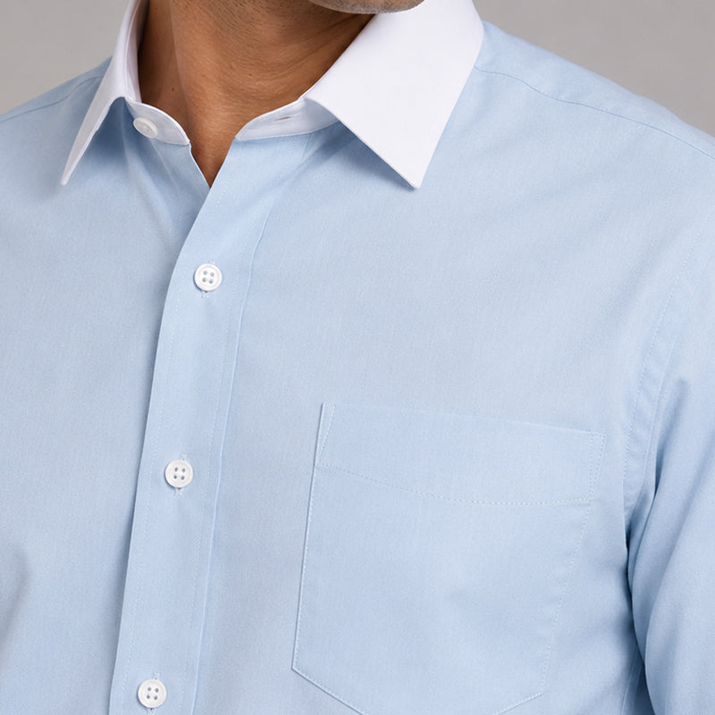 White Collar Sky Blue Oxford Cotton Shirt For Men