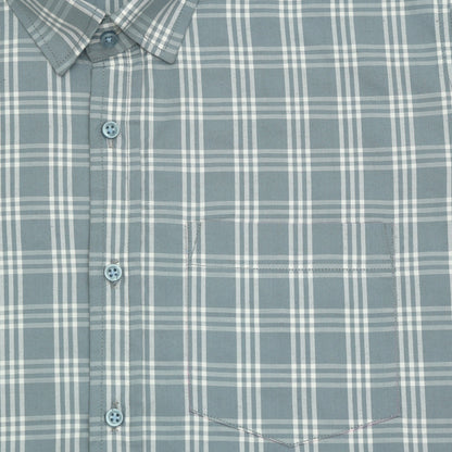 Frosted Teal Classic Check Paper Cotton Shirt For Men