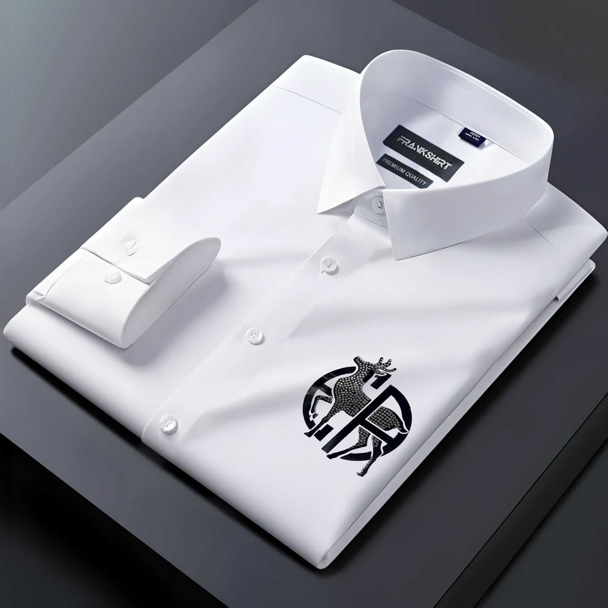 White dress shirt with a logo on a dark background