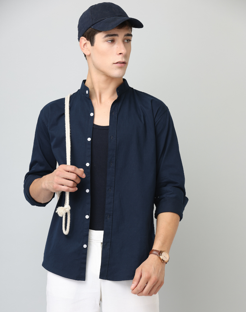 Premium Chinese Collar Navy Blue Solid Tailored Fit Cotton Casual Shirt for Man