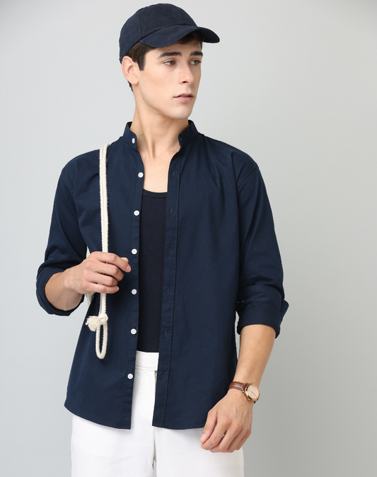 Frankshirt Chinese Collar Navy Blue Solid Tailored Fit Cotton Casual Shirt for Man