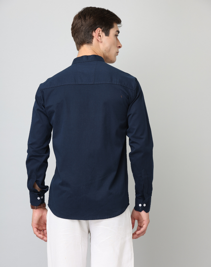 Premium Chinese Collar Navy Blue Solid Tailored Fit Cotton Casual Shirt for Man