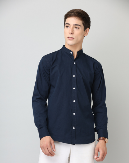 Premium Chinese Collar Navy Blue Solid Tailored Fit Cotton Casual Shirt for Man