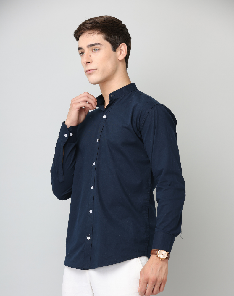 Frankshirt Chinese Collar Navy Blue Solid Tailored Fit Cotton Casual Shirt for Man