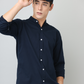 Frankshirt Chinese Collar Navy Blue Solid Tailored Fit Cotton Casual Shirt for Man