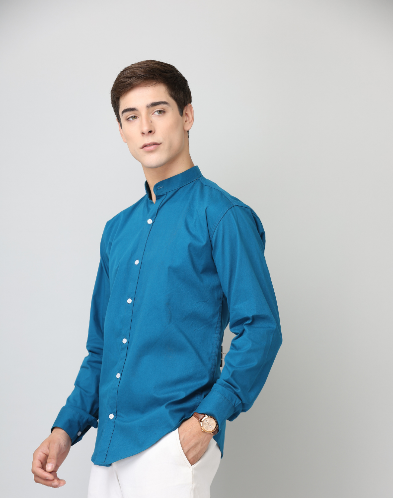 Premium Chinese Collar Peacock Blue Solid Tailored Fit Cotton Casual Shirt for Men