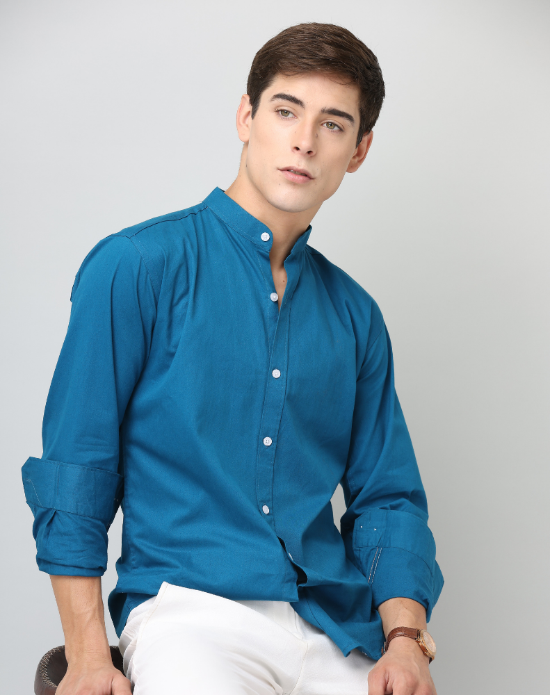 Frankshirt Chinese Collar Peacocke Blue Solid Tailored Fit Cotton Casual Shirt for Man