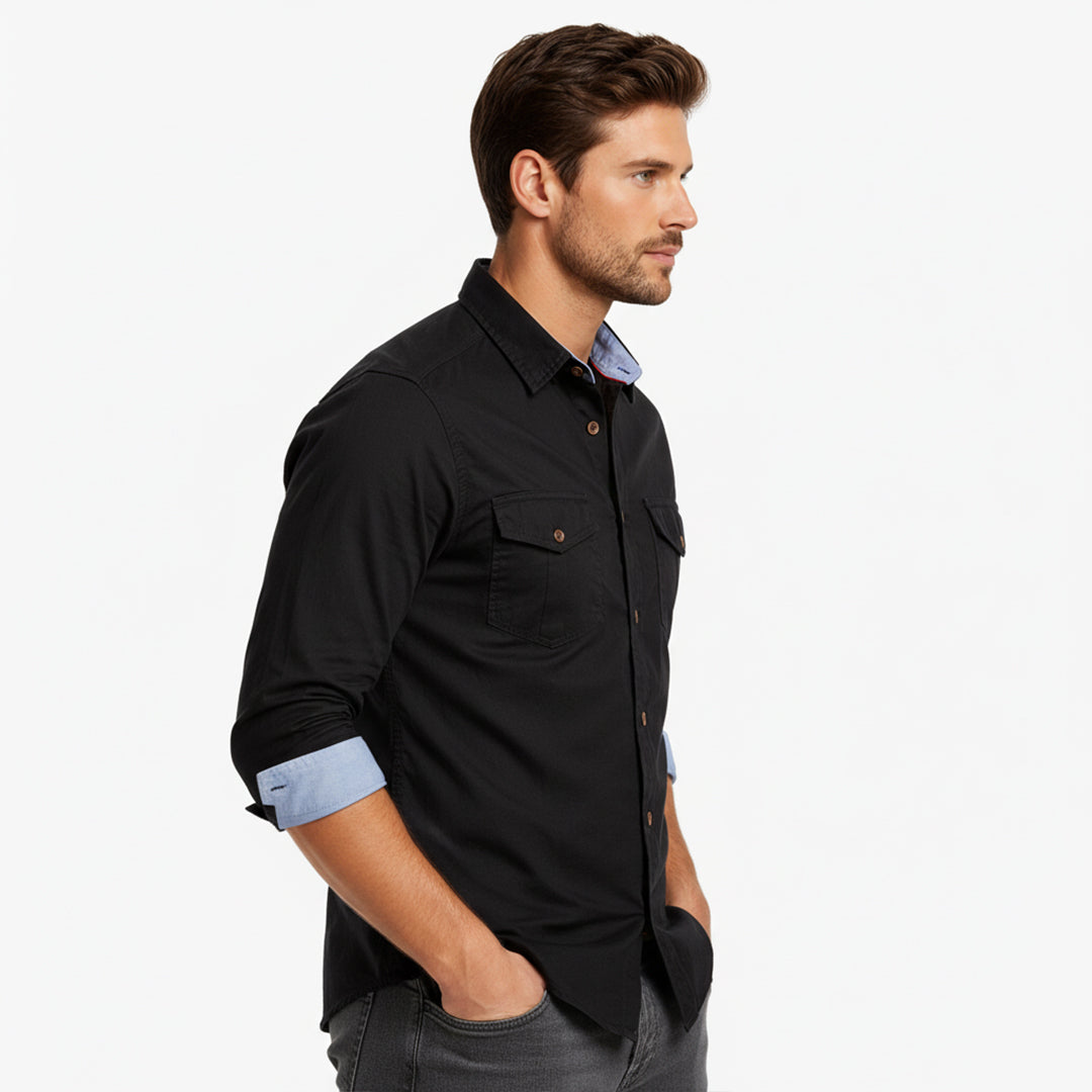 Cargo Style Black Shirt with Blue Contrast