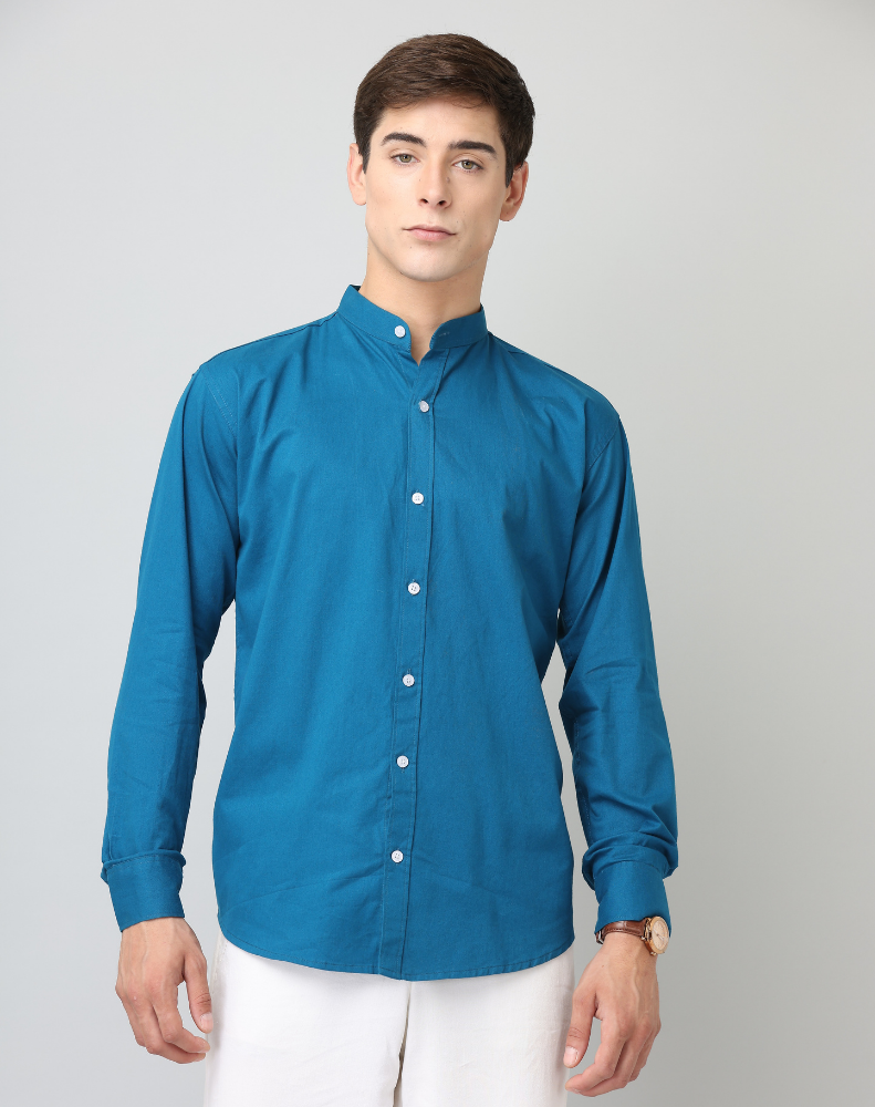 Frankshirt Chinese Collar Peacocke Blue Solid Tailored Fit Cotton Casual Shirt for Man