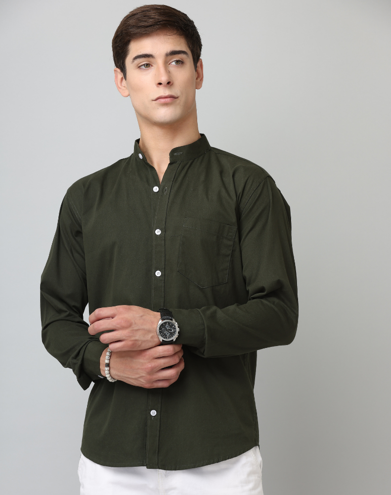 Frankshirt Chinese Collar Bottle Green Tailored Fit Cotton Casual Shirt for Man