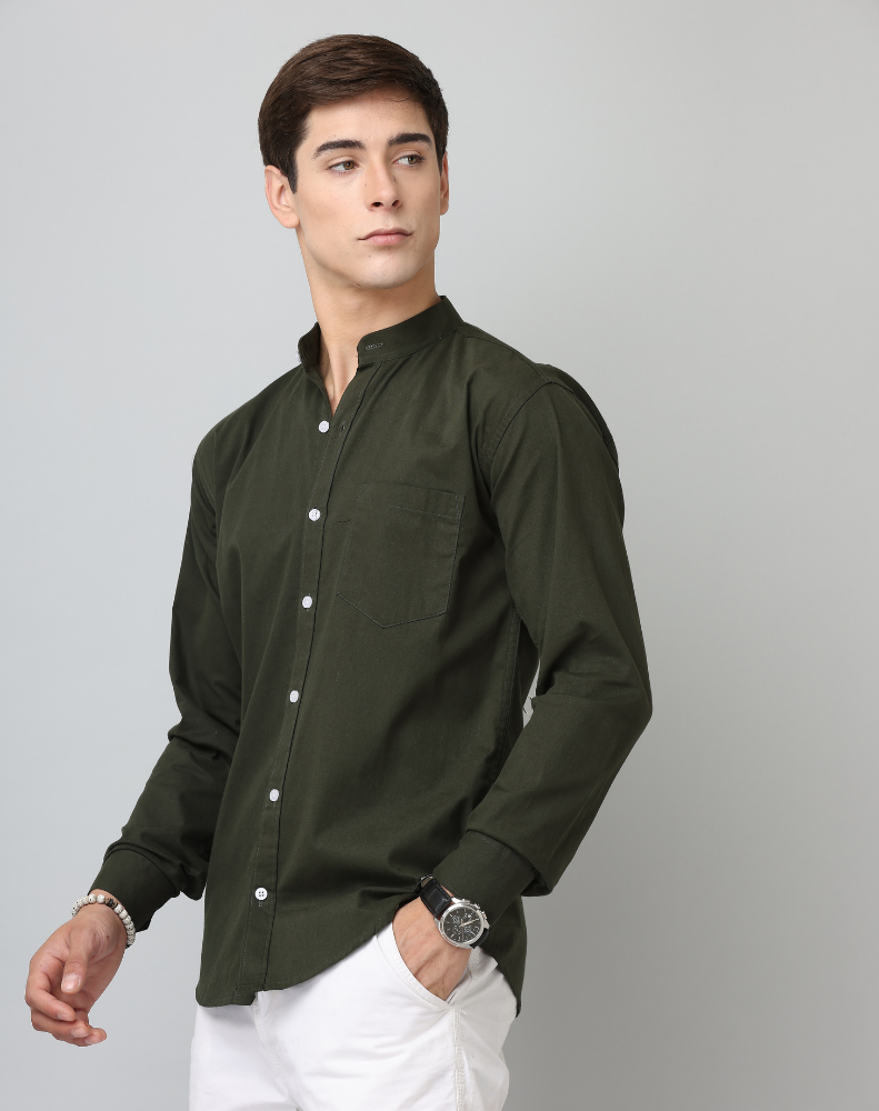 Frankshirt Chinese Collar Bottle Green Tailored Fit Cotton Casual Shirt for Man