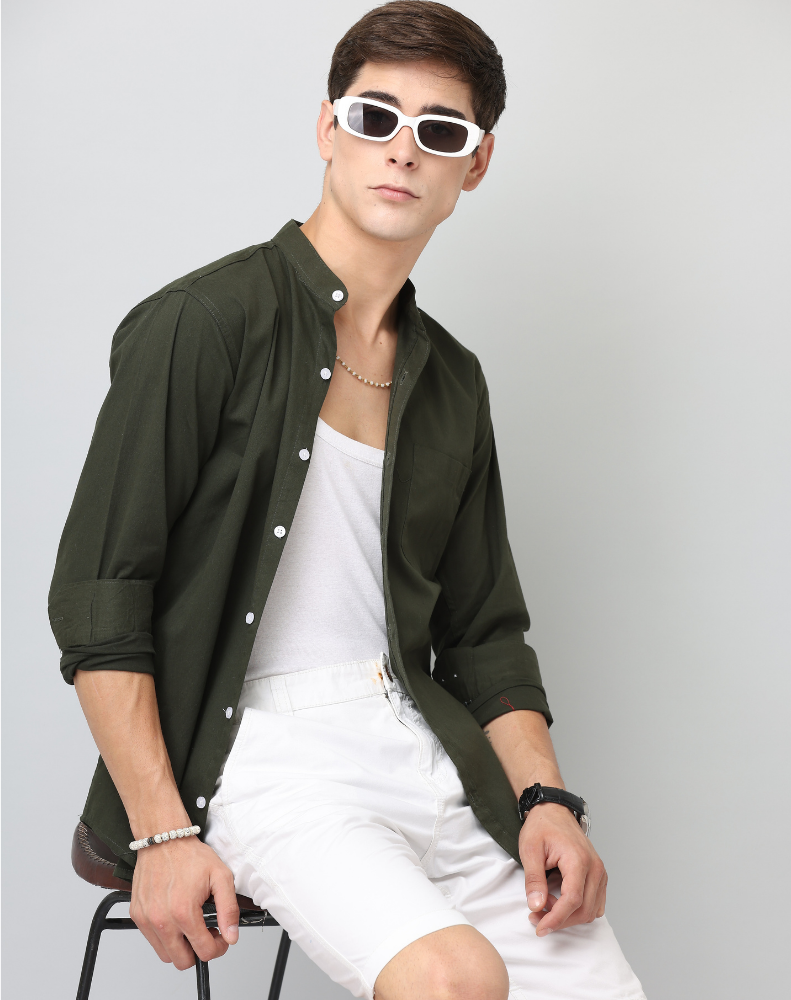 Frankshirt Chinese Collar Bottle Green Tailored Fit Cotton Casual Shirt for Man