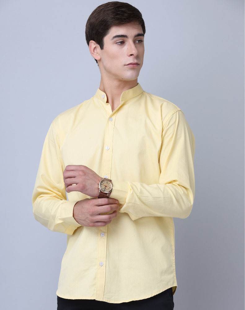 Premium Chinese Collar Yellow Tailored Fit Cotton Casual Shirt for Man