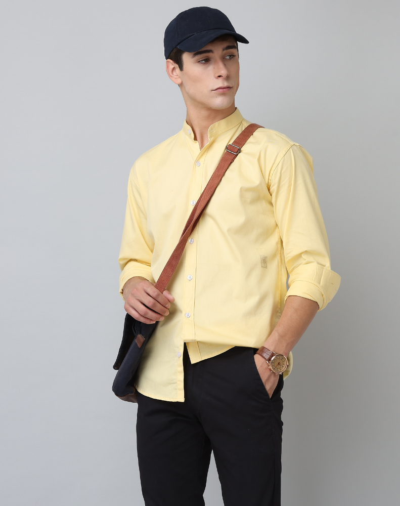Premium Chinese Collar Yellow Tailored Fit Cotton Casual Shirt for Man