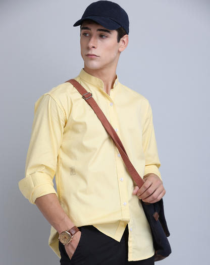 Premium Chinese Collar Yellow Tailored Fit Cotton Casual Shirt for Man