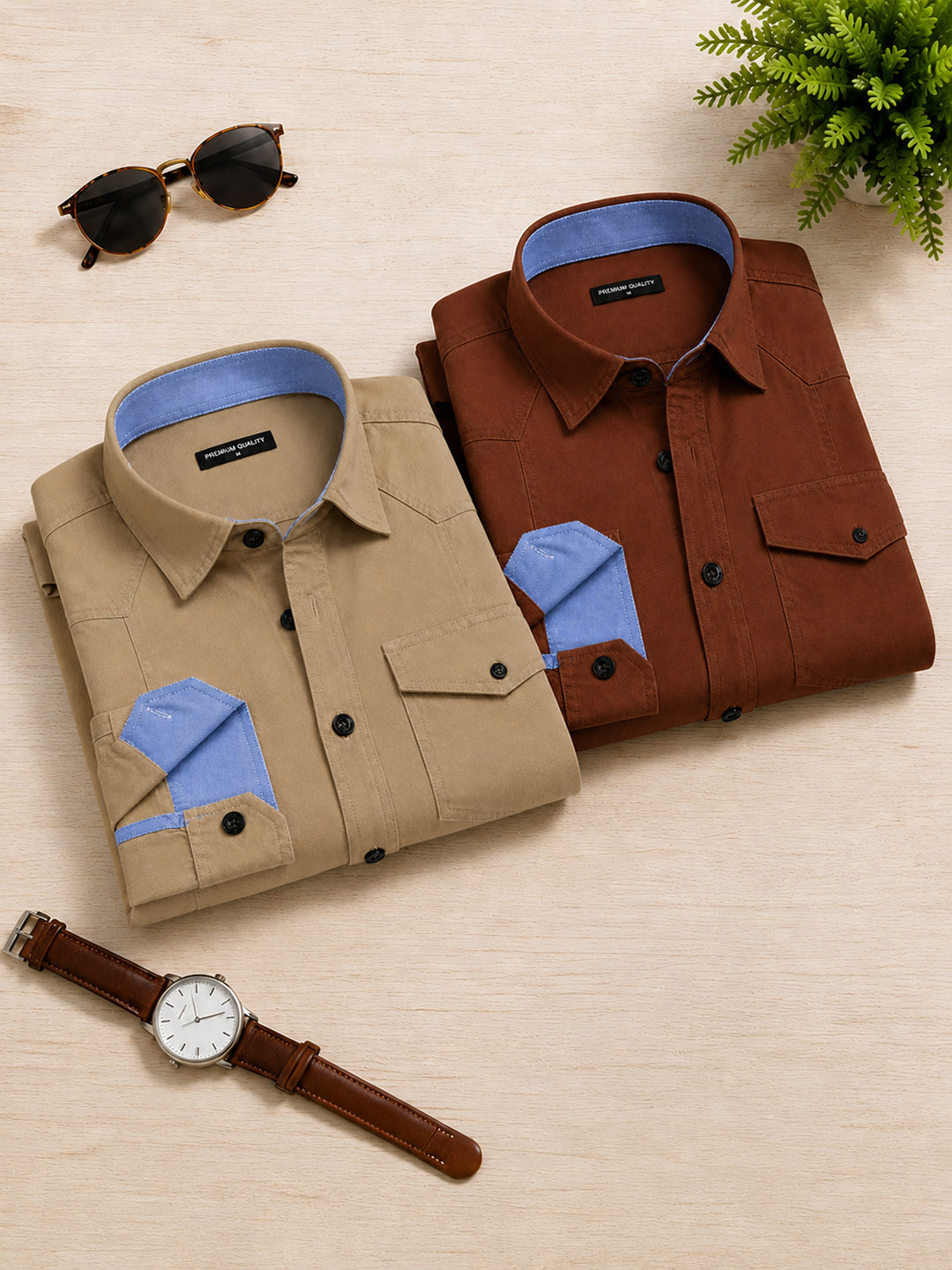 Pack Of 2 Cargo Style Beige & Brown Shirt