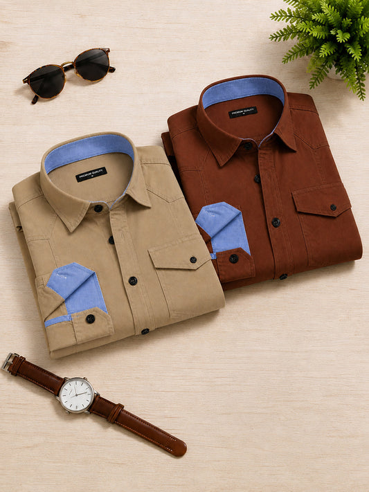 Pack Of 2 Cargo Style Beige & Brown Shirt