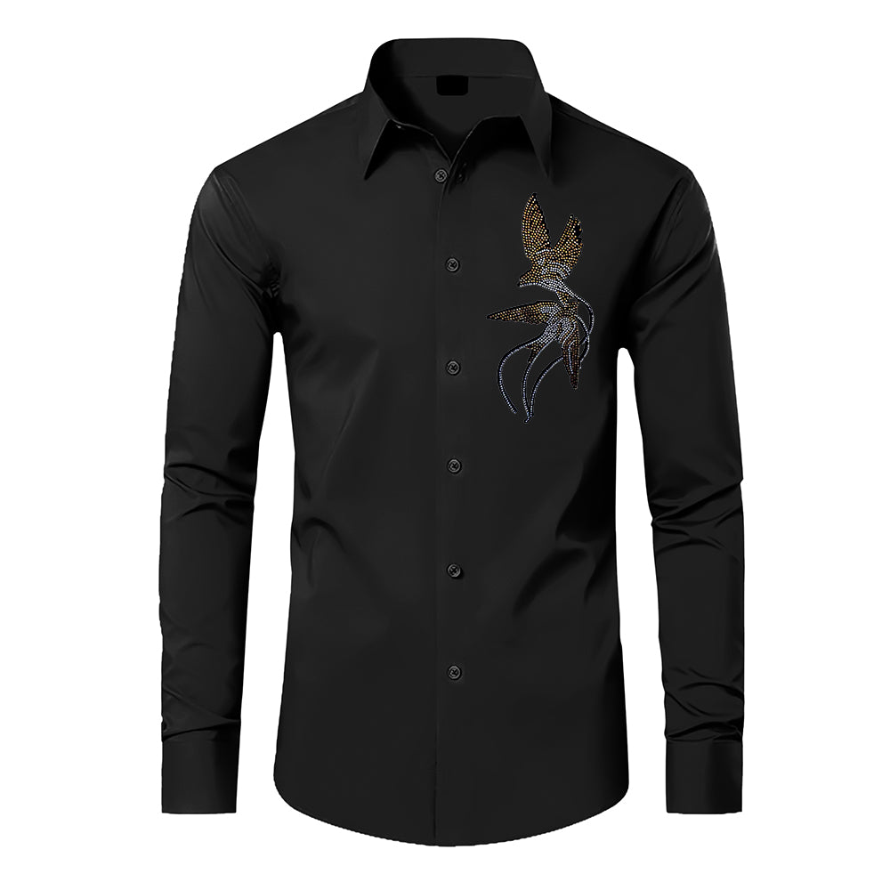 Black shirt with a decorative design on a white background