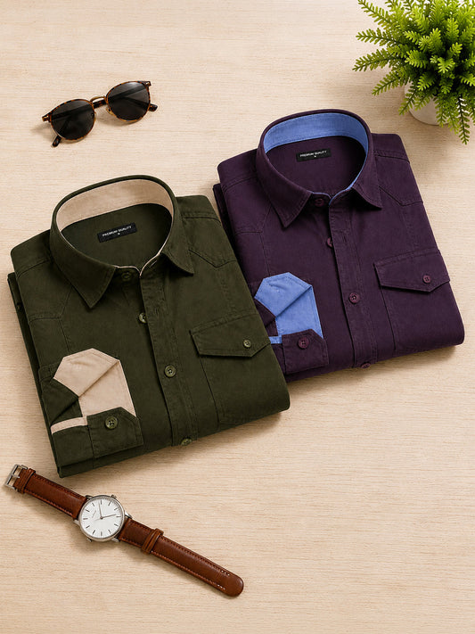 Pack Of 2 Cargo Style Bottle Green & Wnie Shirt