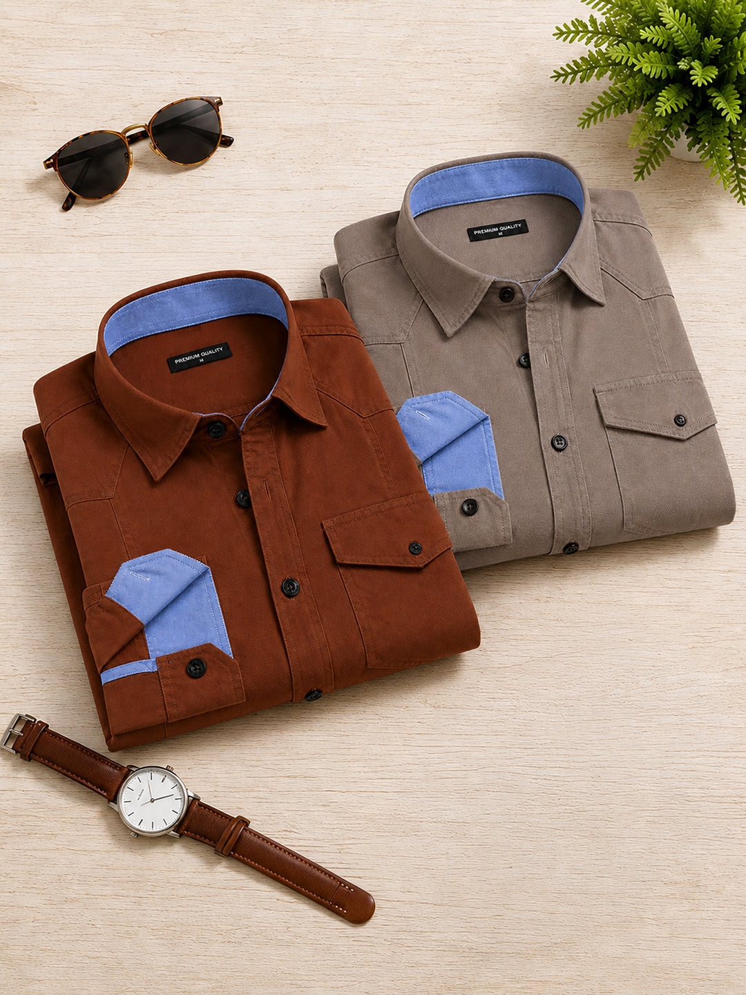 Pack Of 2 Cargo Style Brown & Khaki Shirt