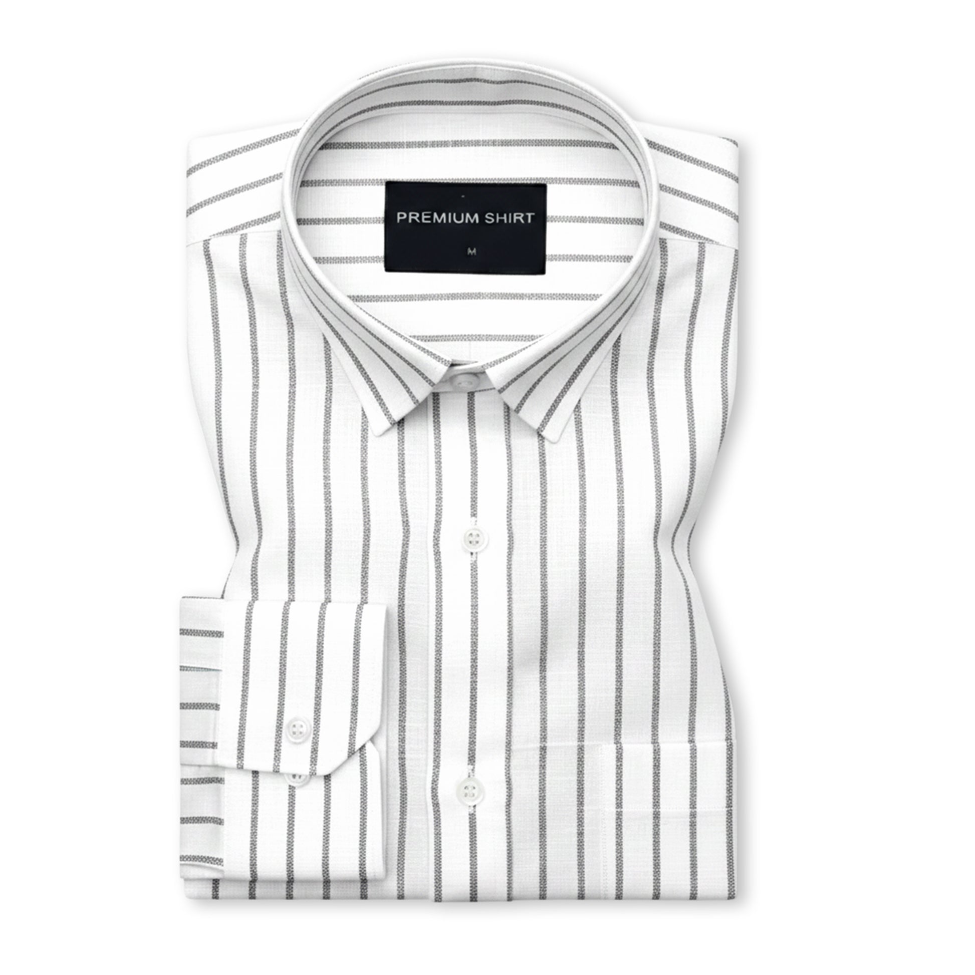 Folded white shirt with black stripes on a white background