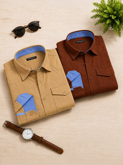 Pack Of 2 Cargo Style Cream & Brown Shirt