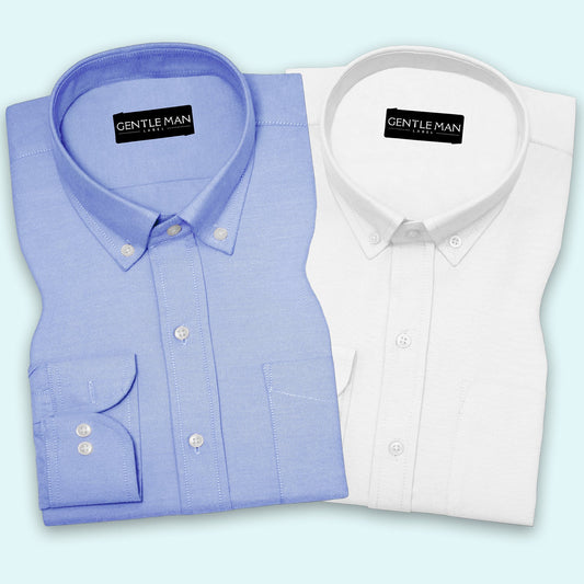 Pack of 2 Denim Blue & White Oxford Cotton Shirts Bundle For Men