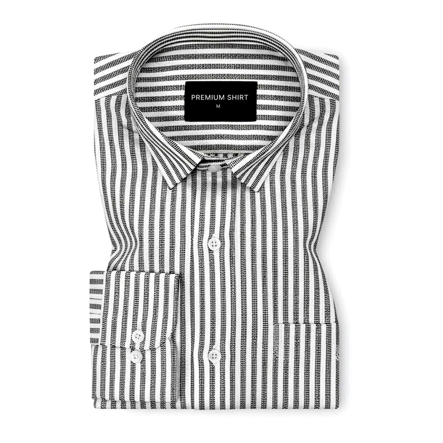 Folded black and white striped shirt with a visible brand label on a white background