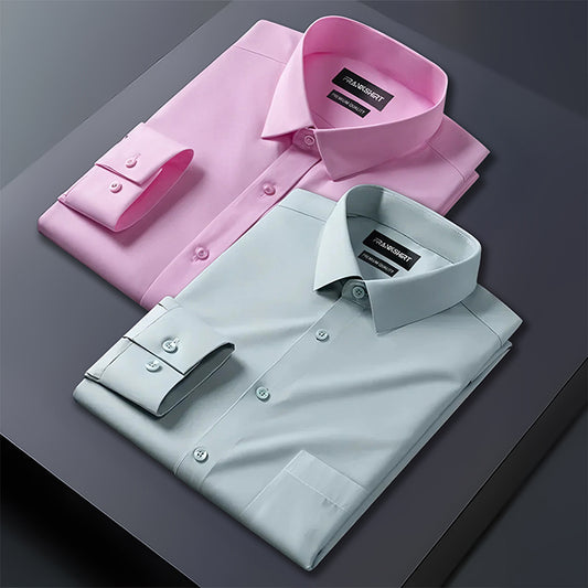 Pink and light blue dress shirts on a dark surface