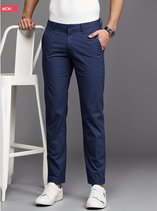 Men Slim Fit Smart Casual Trousers Navy Blue