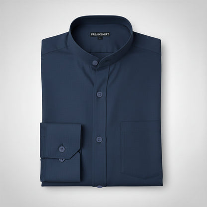 Premium Chinese Collar Navy Blue Solid Tailored Fit Cotton Casual Shirt for Man