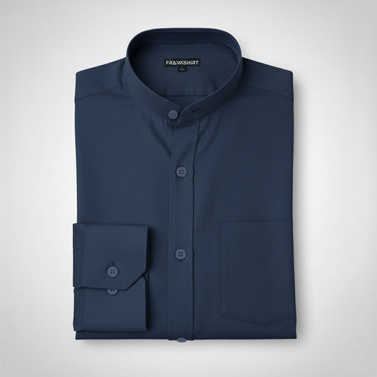 Premium Chinese Collar Navy Blue Solid Tailored Fit Cotton Casual Shirt for Man