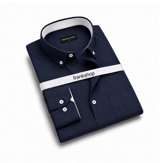 Navy Blue Satin Contrast Collar Shirt for Men