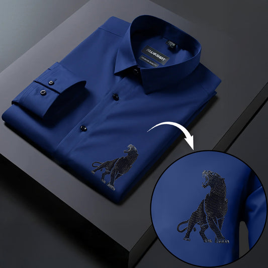 Leopard Designer Premium Cotton Without Pocket Solid Shirt for Man (Navy Blue)