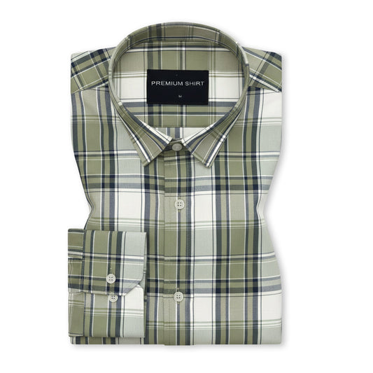 Olive Green Classic Check Paper Cotton Shirt For Men