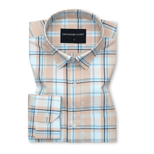 Peach White Classic Check Paper Cotton Shirt for Men