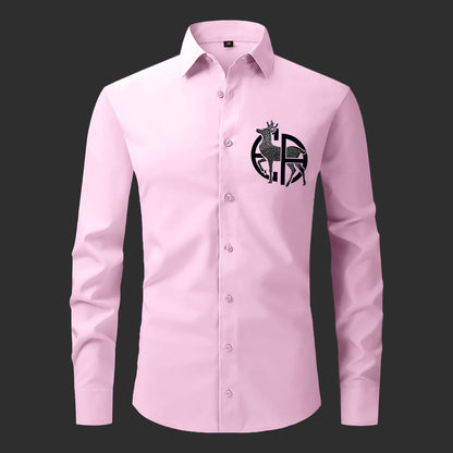 Pink shirt with a black logo on a black background