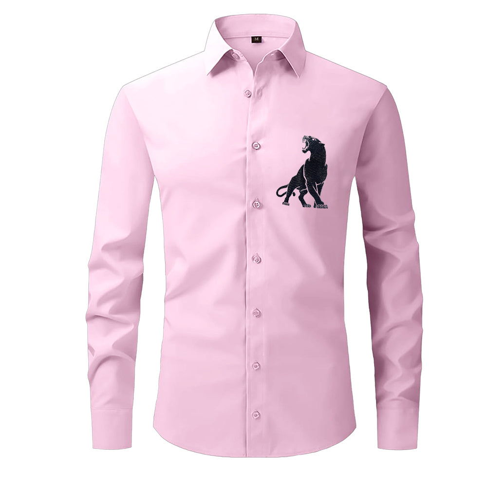 Pink shirt with a black panther logo on a white background