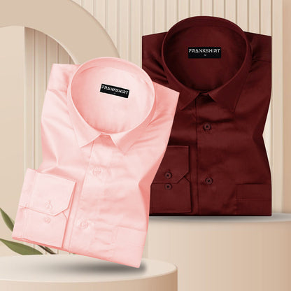 300GSM Premium Satin Shirt Combo for Men (Pink & Crimson Red)