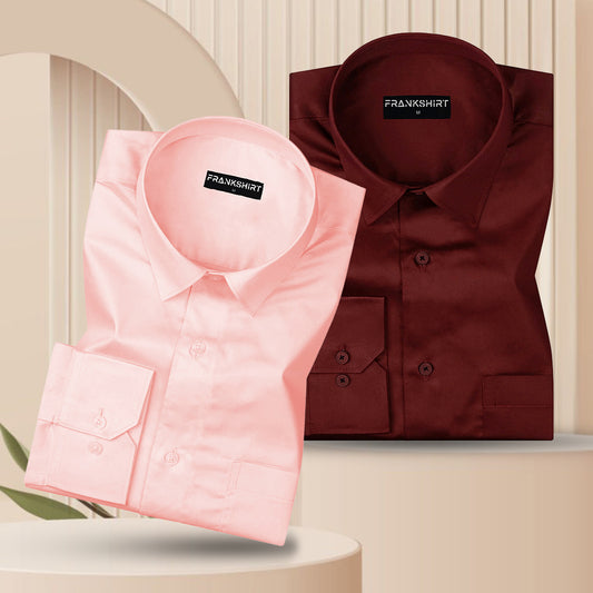 300GSM Premium Satin Shirt Combo for Men (Pink & Crimson Red)