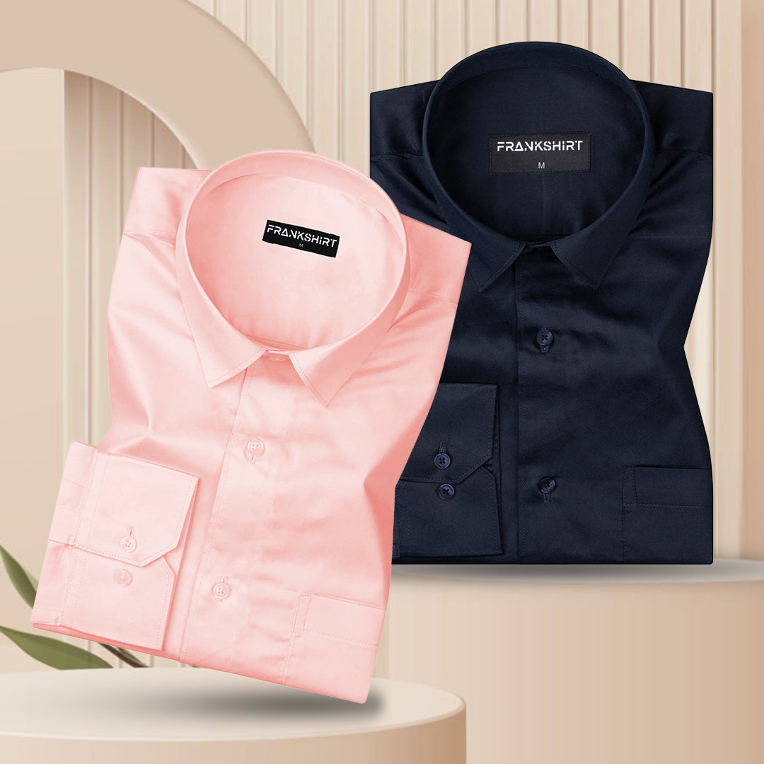 300GSM Premium Satin Shirt Combo for Men (Pink & Deep Navy)