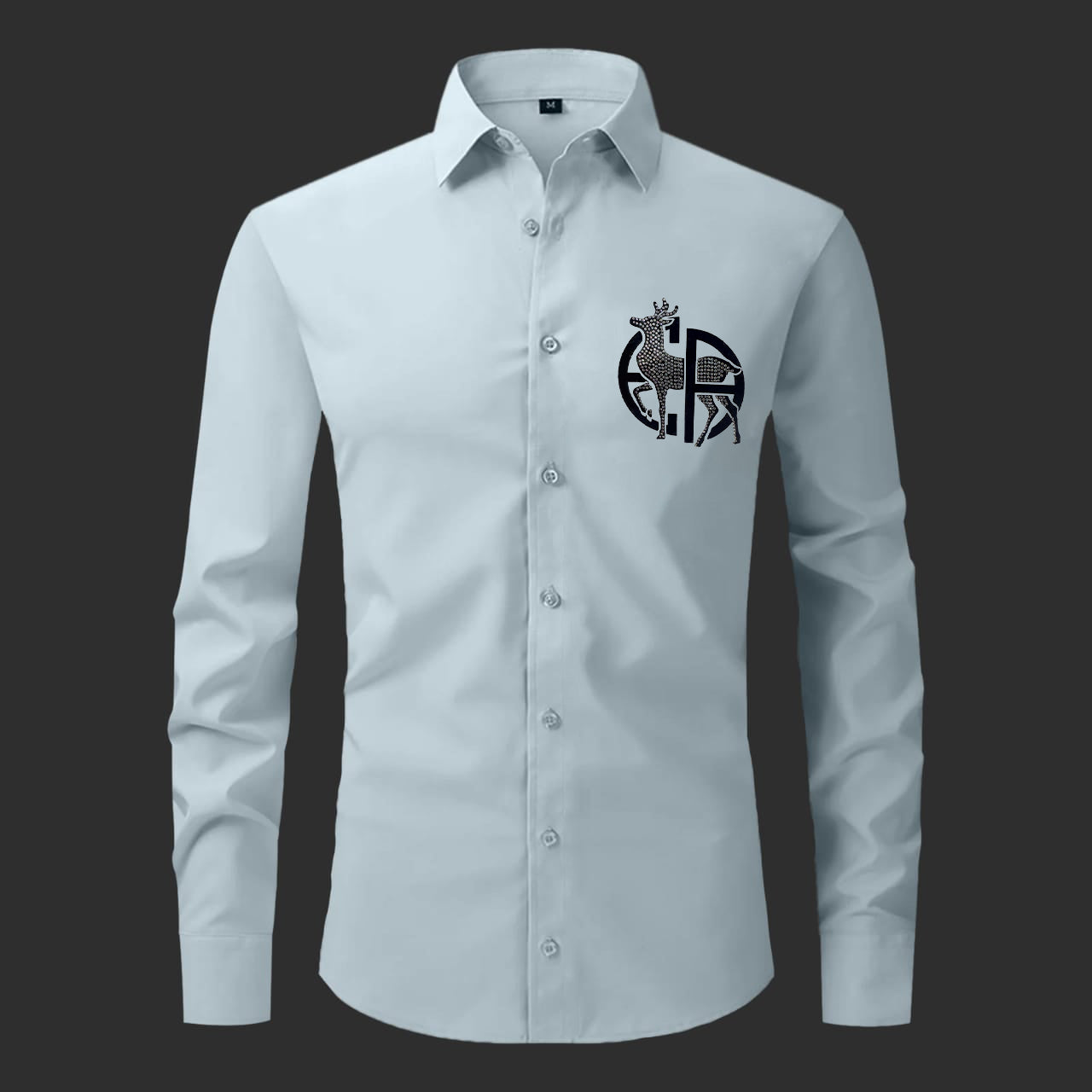 Pista dress shirt with a black logo on a dark background