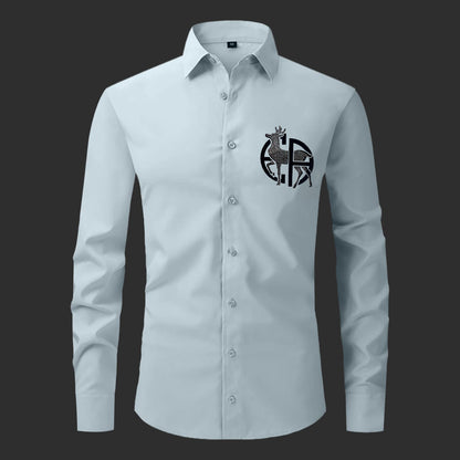 Pista dress shirt with a black logo on a dark background