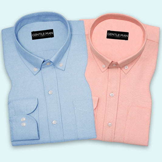 Pack of 2 Sky Blue & Peach Oxford Cotton Shirts Bundle For Men